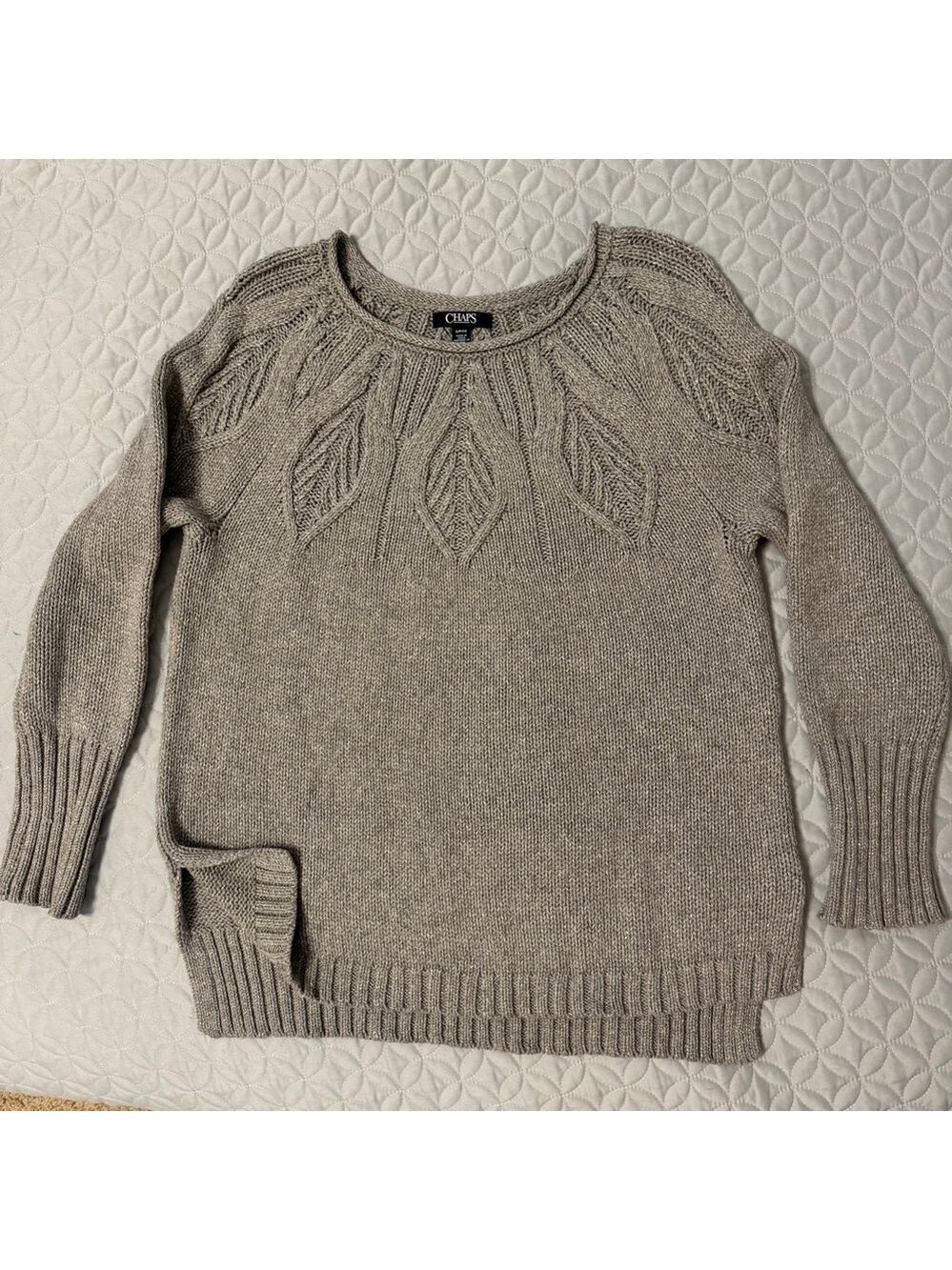 Women's Chaps Classic Knit Sweater Small Pearl Gray Silver Sparkle Cable Leaf